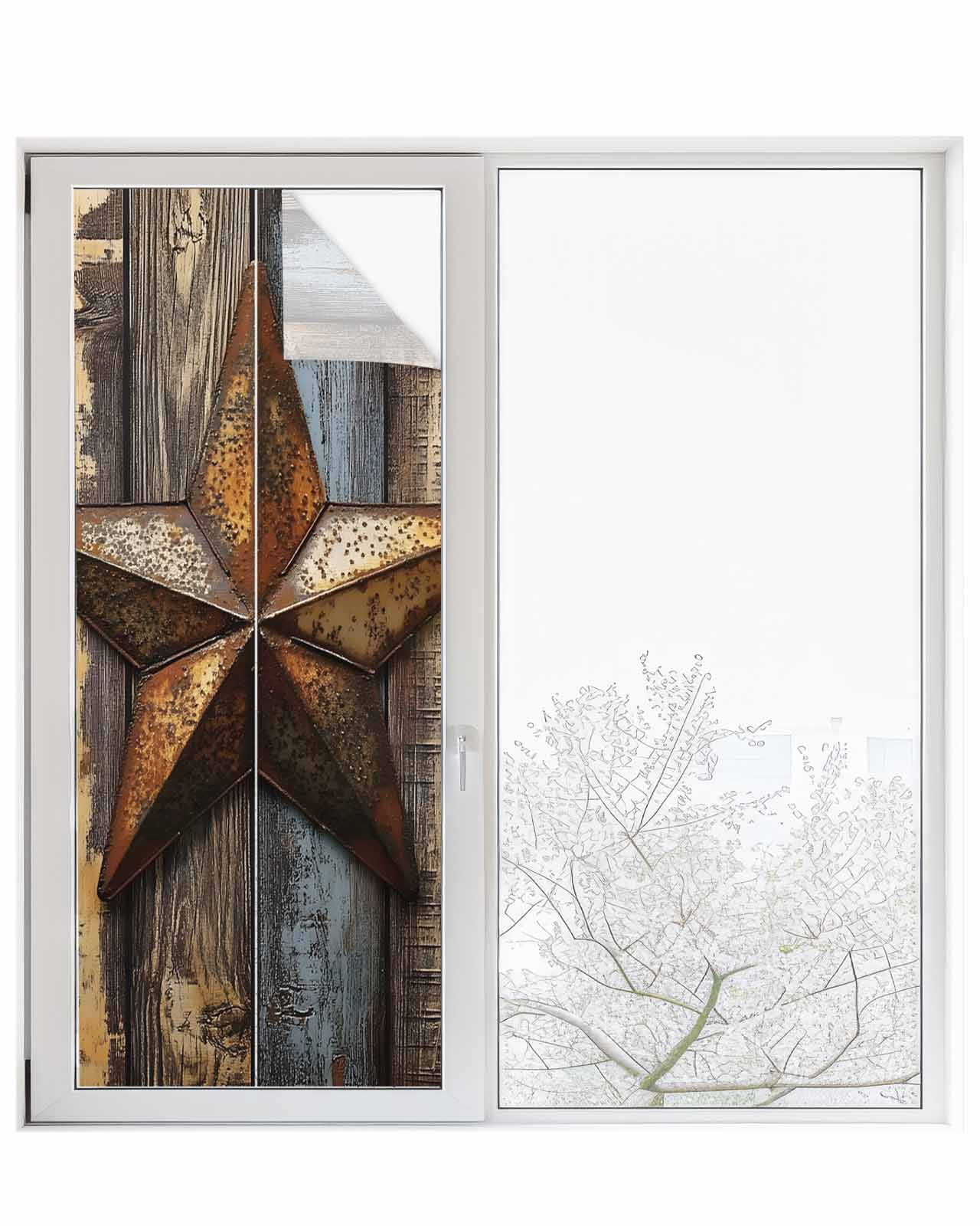 Window Privacy Film Retro Vintage Stained Glass Window Film Decorative Sun Block Window Cover Chic Western Texas Star Pattern Wooden Window Clings Static Adhesive Sticker for Bathroom 29.5"x78.7"
