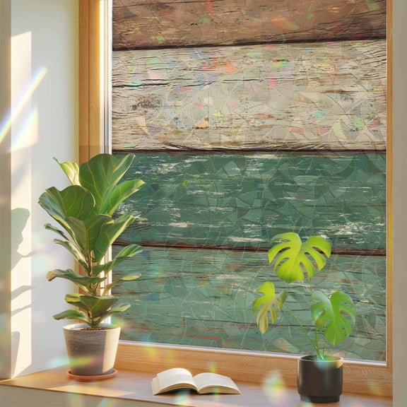 Window Privacy Film Retro Wood Grain Stained Glass Window Film Rustic Brown Green Wooden Rainbow Static Window Clings for Glass Windows Home Bathroom Living Room Office Glass Door Sticker 17.7"39.3"