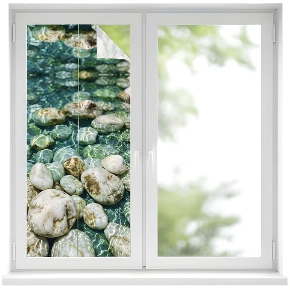 Window Privacy Film River Stones Stained Glass Window Film Decorative Sun Block Window Cover Nature Crystal Clear Water Farmhouse Window Clings Static Adhesive Sticker for Bathroom 19.6"x39.3"