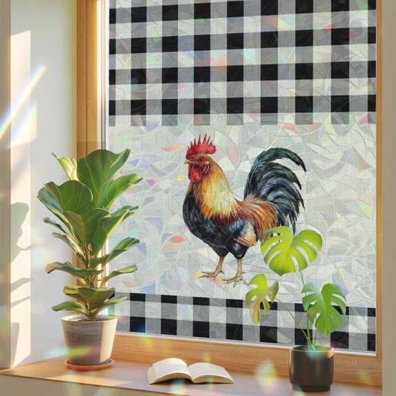 Window Privacy Film Rooster Stained Glass Window Film Farm Animal Black Plaid Linen Rainbow Static Window Clings for Glass Windows Home Bathroom Living Room Office Glass Door Sticker 17.7"39.3"