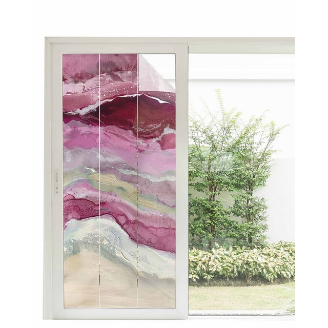 Window Privacy Film, Rose Red Coastal UV Sun Blocking Window Tint Film Heat Control One Way Blackout Window Film, Spring Summer Ocean Beach Nautical Sea Wave Non Adhesive Static Cling 35.4x78.7 In