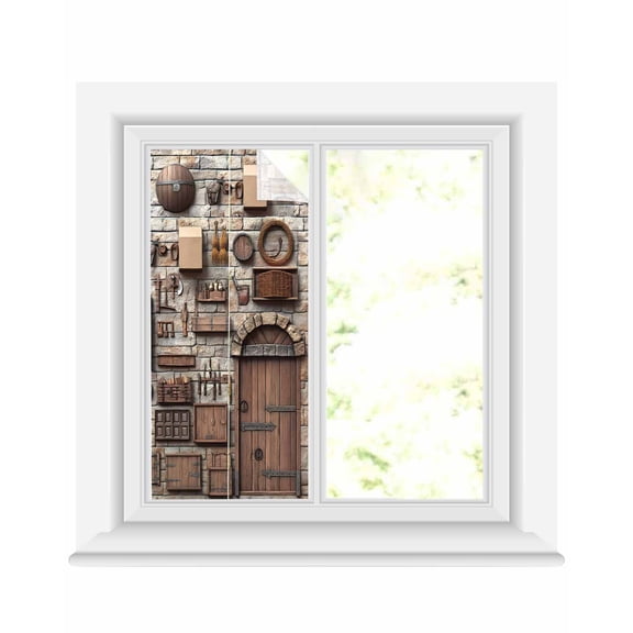 Window Privacy Film Rustic Antique Stained Glass Window Film Decorative Sun Block Window Cover Medieval Historical Wooden Vintage Window Clings Static Adhesive Sticker for Bathroom 17.7"x39.3"