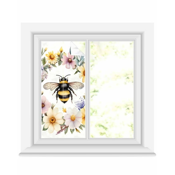 Window Privacy Film Rustic Bee Garland Stained Glass Window Film Decorative Sun Block Window Cover Spring Floral Watercolor Window Clings Static Adhesive Sticker for Bathroom 17.7"x39.3"