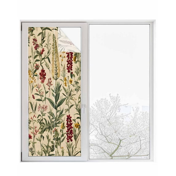 Window Privacy Film Rustic Botanical Stained Glass Window Film Decorative Sun Block Window Cover Antique 1900s Plant Herb Boho Wildflower Window Clings Static Sticker for Bathroom 29.5"x78.7"