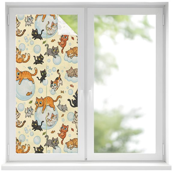 Window Privacy Film Rustic Cat Stained Glass Window Film Decorative Sun Block Window Cover Funny Cute Fish Leaves Bubble Window Clings Static Adhesive Sticker for Bathroom 19.6"x39.3"