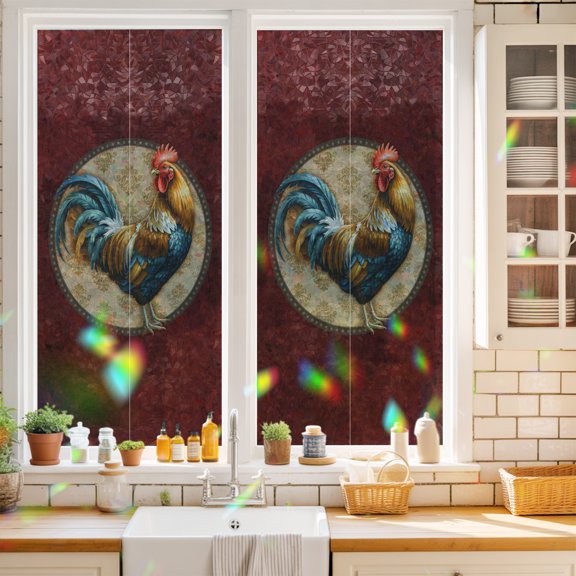 Window Privacy Film,Rustic Farm Rooster on Retro Texture Static Clings Decorative Rainbow Window Films Stickers Red Marble Agate Sun Blocking Glass Cover for Home Bathroom Office,17.7"x39.3"