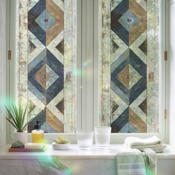 Window Privacy Film,Rustic Farm Wooden Plank Static Clings Decorative Rainbow Window Films Stickers Retro Splicing Wood Grain Sun Blocking Glass Cover for Home Bathroom Office,17.7"x39.3"