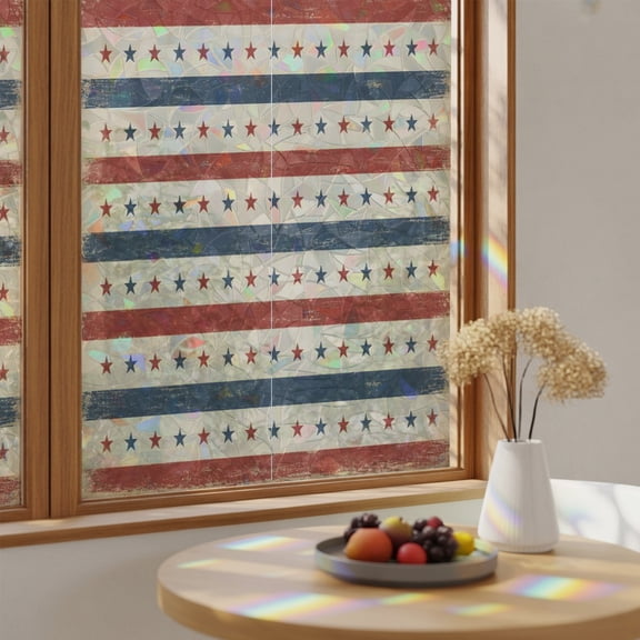 Window Privacy Film, Rustic Patriotic Stained Glass Rainbow Film Red White Blue Star Striped American Flag Decorative Window Clings, Static Cling Sun Blocking Stickers For Bathroom 17.7"x39.3"