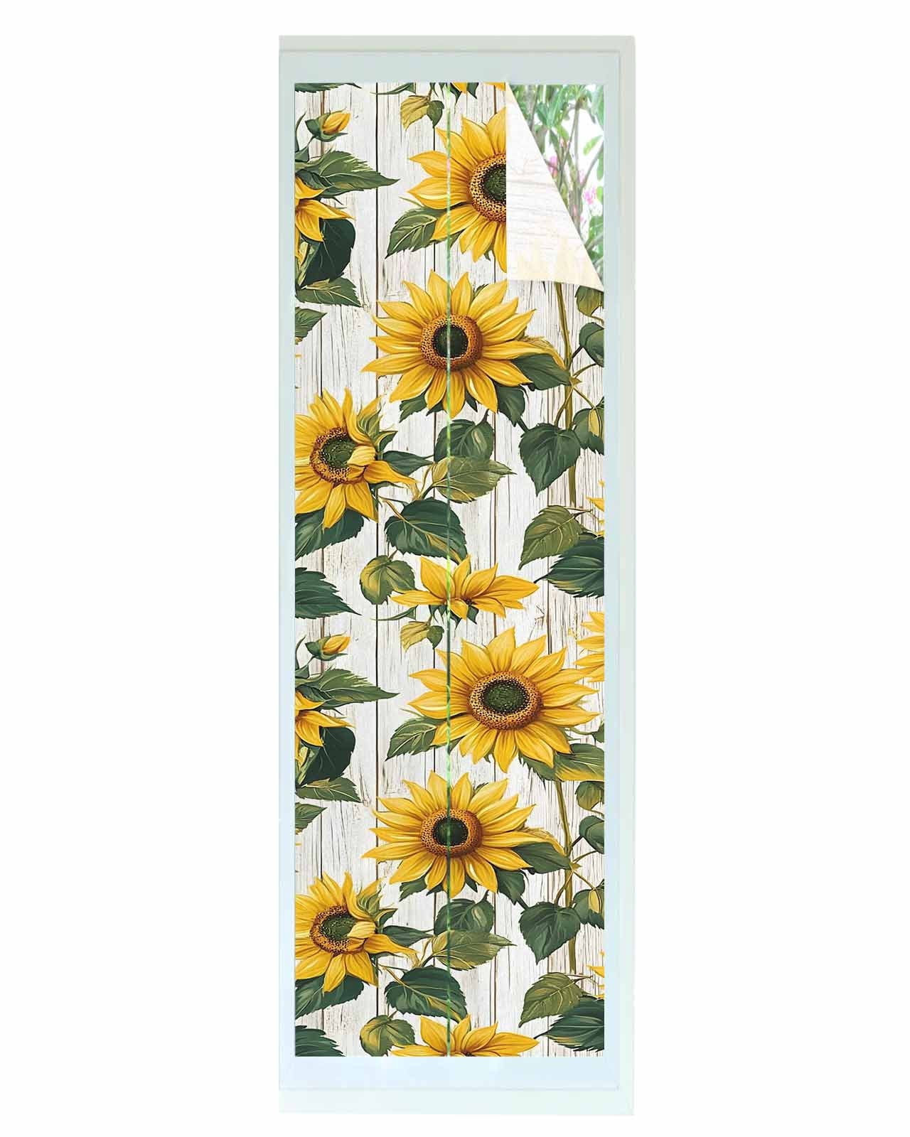 Window Privacy Film Rustic Sunflowers Stained Glass Window Film Decorative Sun Block Window Cover Farmhouse Botanical Flowers Wood Grain Window Clings Static Adhesive Sticker for Bathroom 23.6"x78.7"