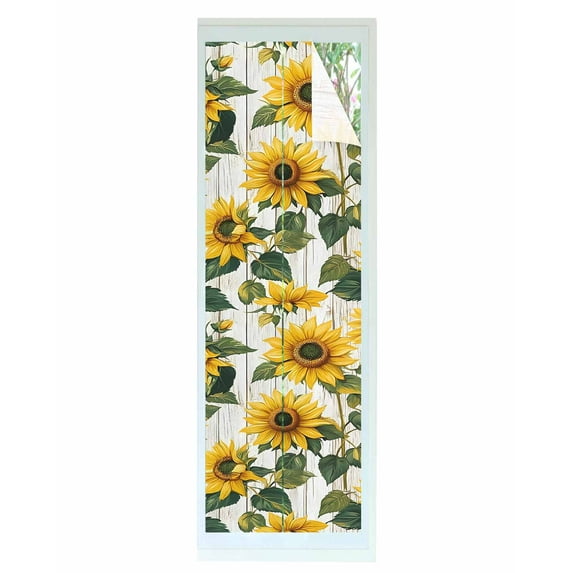 Window Privacy Film Rustic Sunflowers Stained Glass Window Film Decorative Sun Block Window Cover Farmhouse Botanical Flowers Wood Grain Window Clings Static Adhesive Sticker for Bathroom 17.7"x78.7"