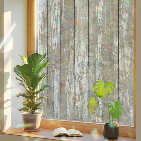 Window Privacy Film Rustic Teal Wood Planks Stained Glass Static Cling 18x39inch, Retro Country Wood Board Rainbow Window Film Glass Sticker for Bathroom Bedroom Home