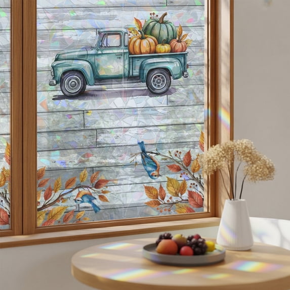 Window Privacy Film Rustic Truck Pumpkin Wooden Stained Glass Static ...