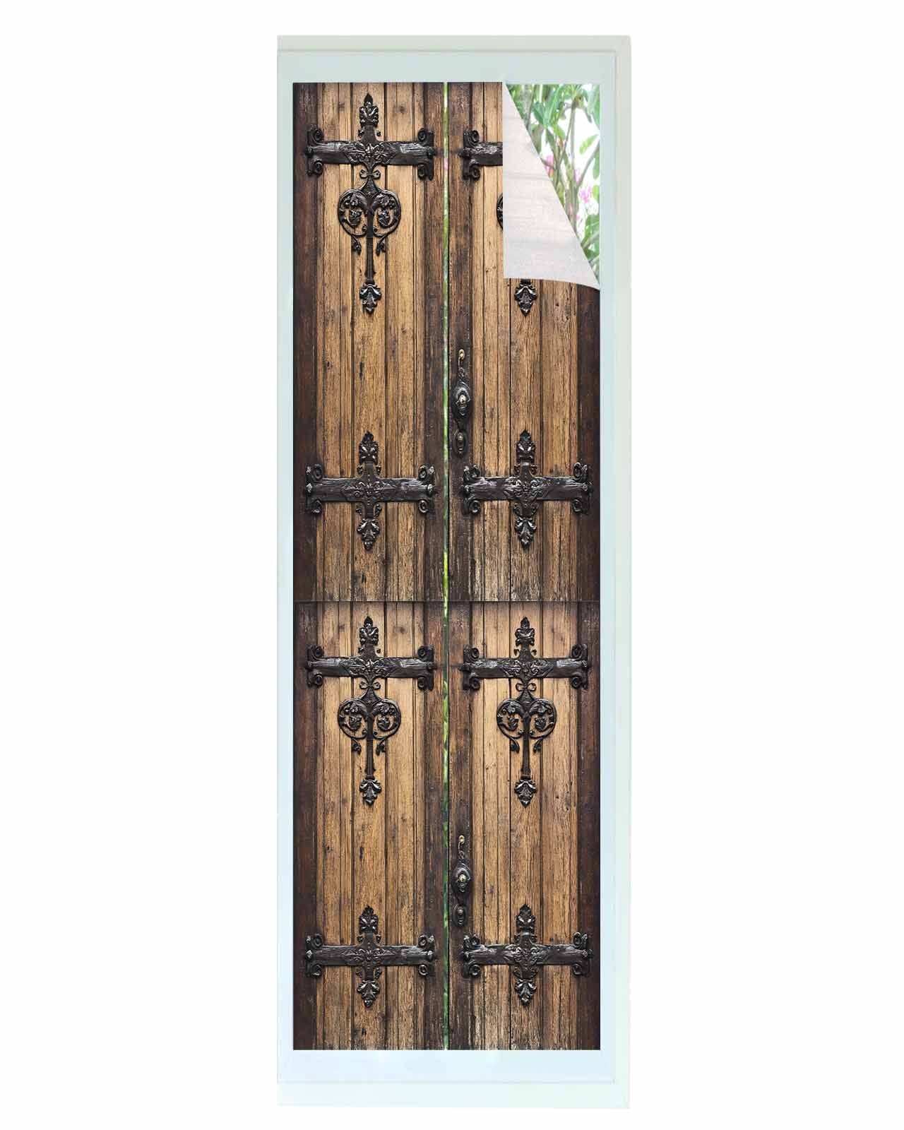 Window Privacy Film Rustic Wooden Door Stained Glass Window Film Decorative Sun Block Window Cover Brown Black Farmhouse Country Vintage Window Clings Static Adhesive Sticker for Bathroom 23.6"x78.7"
