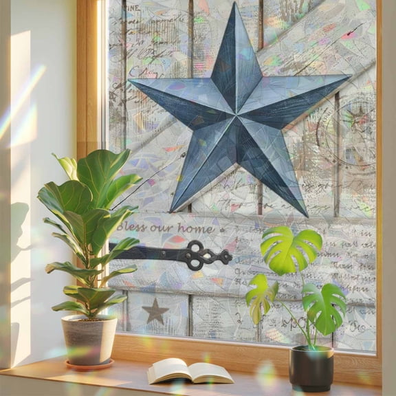 Window Privacy Film Rusty Barn Star Doors Stained Glass Window Film Blue Retro Rustic Walls Rainbow Static Window Clings for Glass Windows Home Bathroom Living Room Office Door Sticker 17.7"39.3"