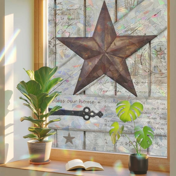 Window Privacy Film Rusty Barn Star Doors Stained Glass Window Film Brown Retro Rustic Walls Rainbow Static Window Clings for Glass Windows Home Bathroom Living Room Office Door Sticker 17.7"39.3"