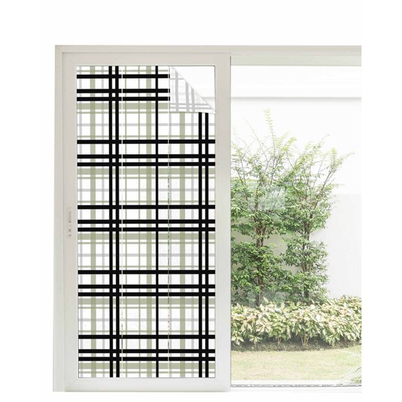 Window Privacy Film, Sage Green Black Grey Plaid UV Sun Blocking Window Tint Film Heat Control One Way Blackout Window Film, Simple Check Stripes Lines Country Non Adhesive Static Cling 35.4x78.7 In