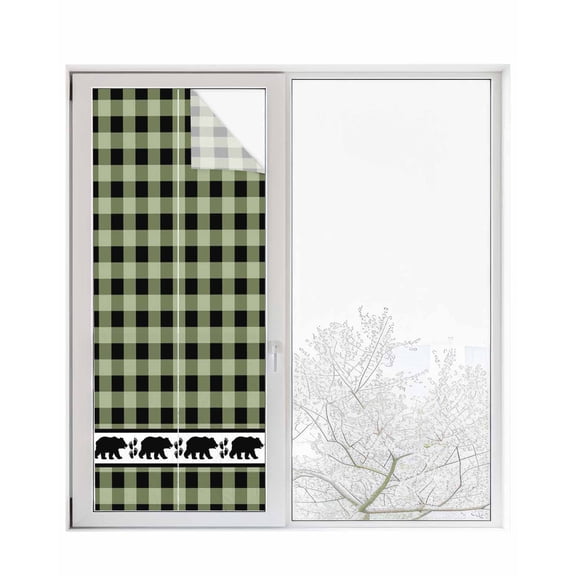 Window Privacy Film Sage Green Black Stained Glass Window Film Decorative Sun Block Window Cover Farmhouse Vintage Bear Buffalo Plaid Window Clings Static Adhesive Sticker for Bathroom 23.6"x59"