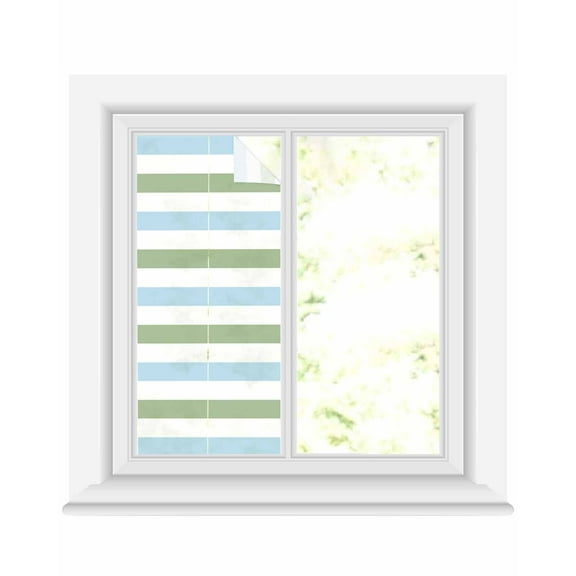 Window Privacy Film,Sage Green Blue Stipes UV Sun Blocking Window Tint Film Heat Control One Way Blackout Window Film,Modern Farmhouse Horizontal Lines Non Adhesive Static Cling Sticker 19.6x39.3 In