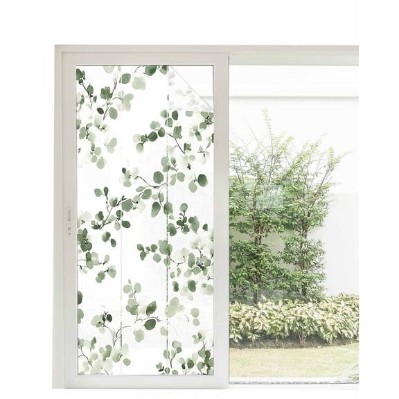 Window Privacy Film Sage Green Botanical Stained Glass Window Film Decorative Sun Block Window Cover Eucalyptus Sprigs Watercolor Window Clings Static Adhesive Sticker for Bathroom 35.4"x78.7"