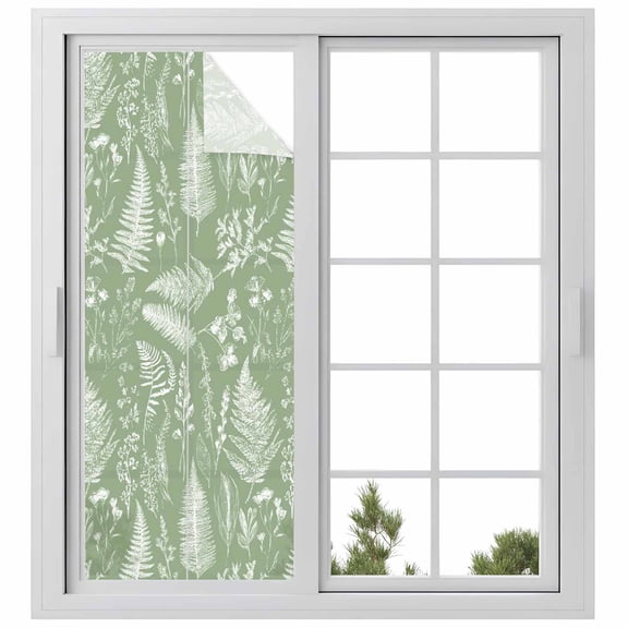 Window Privacy Film Sage Green Botanical Stained Glass Window Film Decorative Sun Block Window Cover Farmhouse Country Leaves Plant Window Clings Static Adhesive Sticker for Bathroom 23.6"x59"