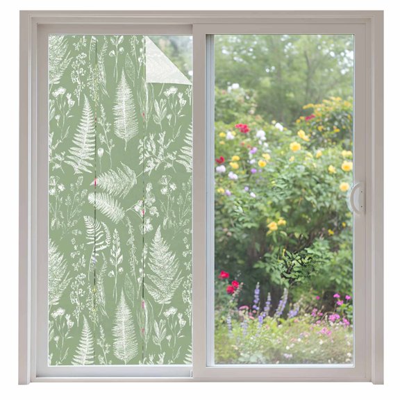 Window Privacy Film Sage Green Botanical Stained Glass Window Film Decorative Sun Block Window Cover Farmhouse Country Leaves Plant Window Clings Static Adhesive Sticker for Bathroom 35.4"x78.7"