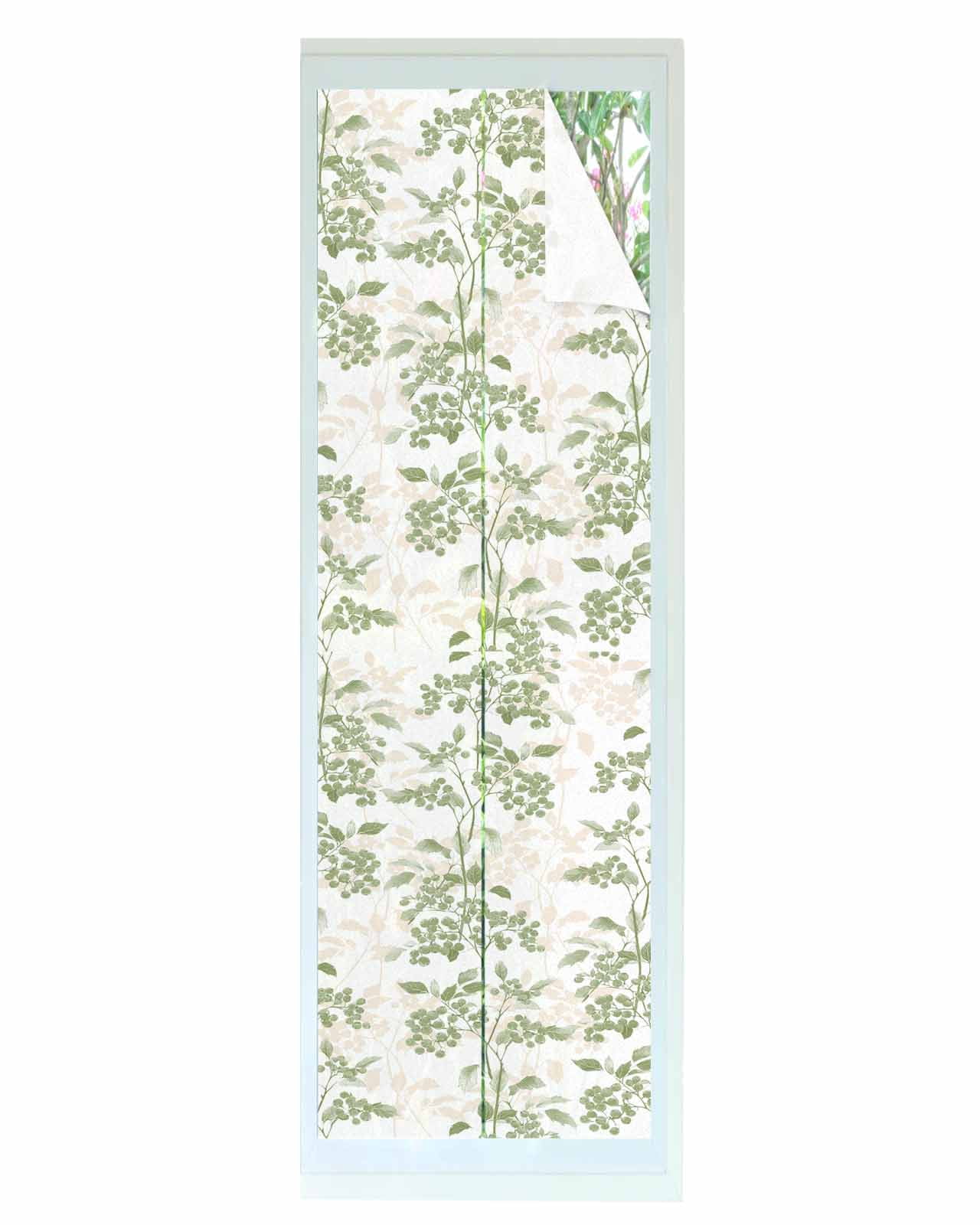 Window Privacy Film Sage Green Botanical Stained Glass Window Film Decorative Sun Block Window Cover Vintage Nature Flower Window Clings Static Adhesive Sticker for Bathroom 23.6"x78.7"
