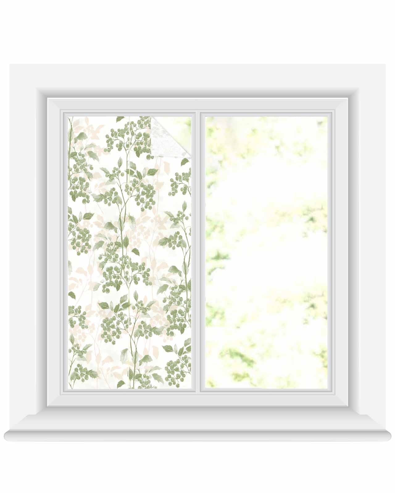 Window Privacy Film Sage Green Botanical Stained Glass Window Film Decorative Sun Block Window Cover Vintage Nature Flower Window Clings Static Adhesive Sticker for Bathroom 19.6"x39.3"