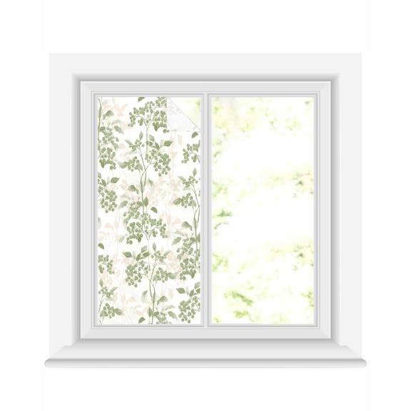 Window Privacy Film Sage Green Botanical Stained Glass Window Film Decorative Sun Block Window Cover Vintage Nature Flower Window Clings Static Adhesive Sticker for Bathroom 19.6"x39.3"