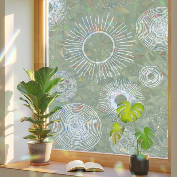 Window Privacy Film Sage Green Circle Stained Glass Window Film Lines Modern Abstract Art Rainbow Static Window Clings for Glass Windows Home Bathroom Living Room Office Door Sticker 17.7"39.3"