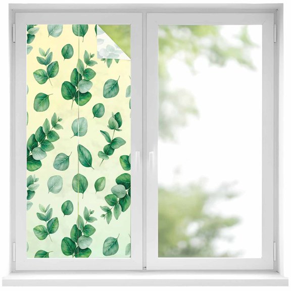 Window Privacy Film Sage Green Eucalyptus Leaves Stained Glass Window Film Decorative Sun Block Window Cover Spring Botanical Leaf Cream Window Clings Static Adhesive Sticker for Bathroom 17.7"x39.3"