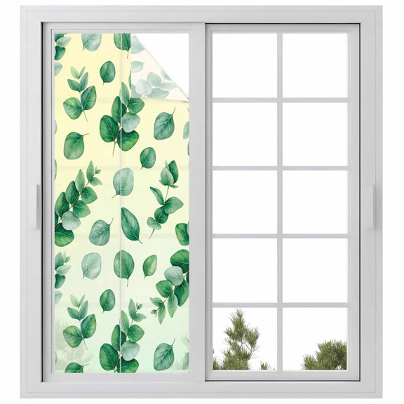 Window Privacy Film Sage Green Eucalyptus Leaves Stained Glass Window Film Decorative Sun Block Window Cover Spring Botanical Leaf Cream Window Clings Static Adhesive Sticker for Bathroom 23.6"x59"