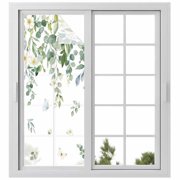 Window Privacy Film Sage Green Eucalyptus Leaves Stained Glass Window Film Decorative Window Cover Spring Floral Weeping Botanical Window Clings Static Adhesive Sticker for Bathroom 23.6"x59"