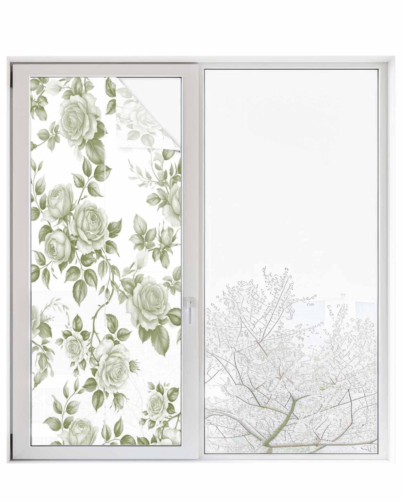 Window Privacy Film Sage Green Flower Stained Glass Window Film Decorative Sun Block Window Cover Vintage Country Rose Leaf Floral Window Clings Static Adhesive Sticker for Bathroom 23.6"x59"