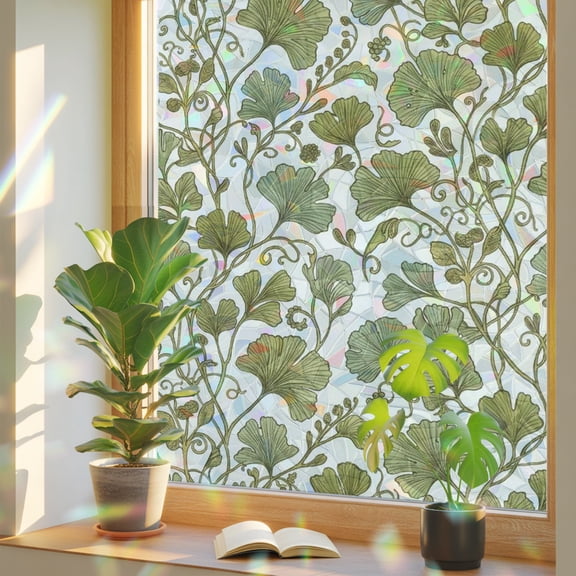 Window Privacy Film Sage Green Ginkgo Leaves Stained Glass Window Film Floral Twist Stems Vines Static Window Clings for Glass Windows Home Bathroom Living Room Office Door Sticker 17.7"39.3"