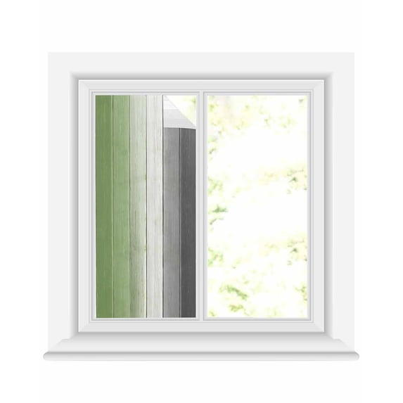 Window Privacy Film Sage Green Gray Ombre Stained Glass Window Film Decorative Sun Block Window Cover Vintage Country Wooden Window Clings Static Adhesive Sticker for Bathroom 17.7"x39.3"