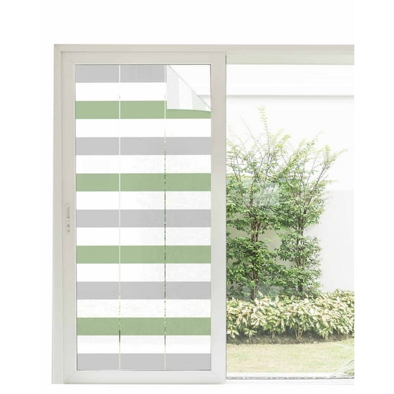 Window Privacy Film, Sage Green Gray Stripes UV Sun Blocking Window Tint Film Heat Control One Way Blackout Window Film, Farmhouse Modern Horizontal Lines Non Adhesive Static Cling 35.4x78.7 In
