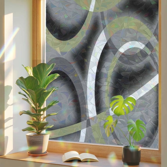 Window Privacy Film Sage Green Grey Geometric Circle Stained Glass Window Film Modern Abstract Lines Static Window Clings for Glass Windows Home Bathroom Living Room Office Door Sticker 17.7"39.3"