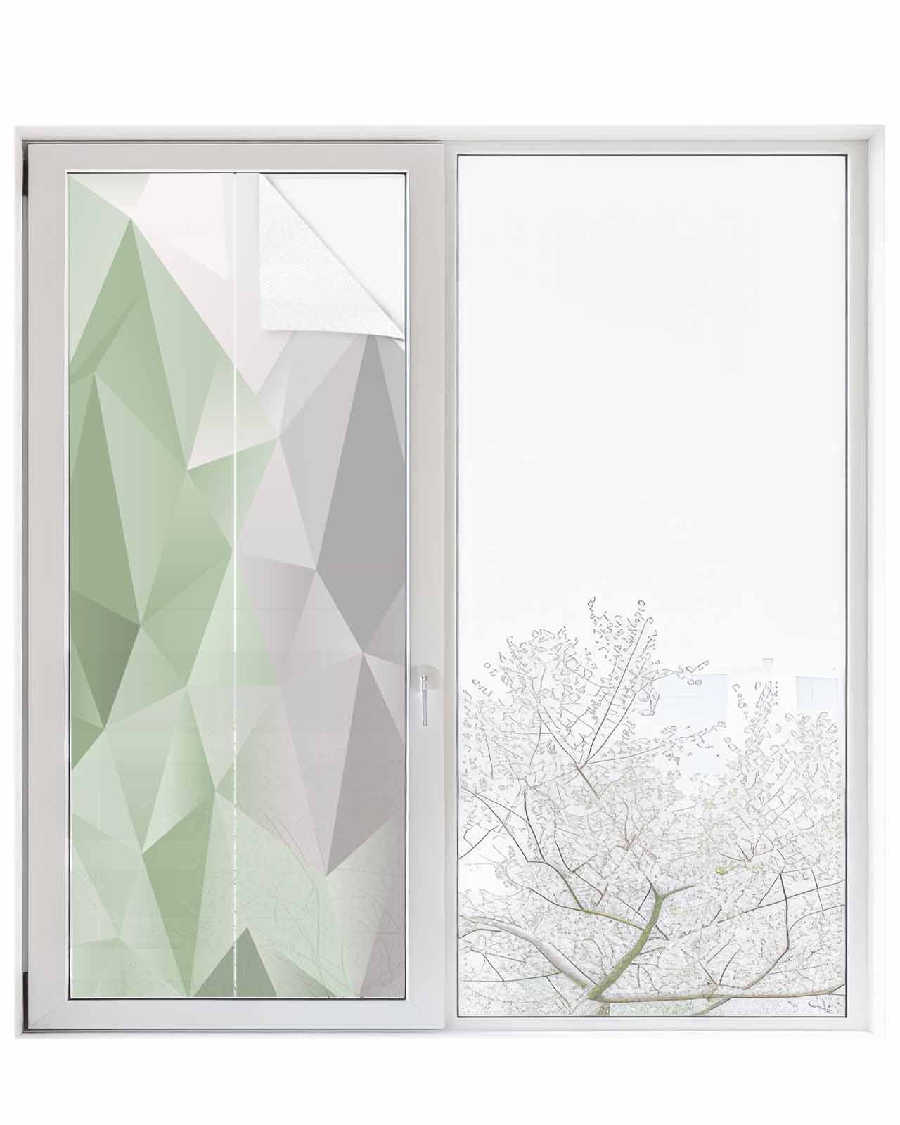 Window Privacy Film, Sage Green Grey Ombre UV Sun Blocking Window Tint Film Heat Control One Way Blackout Window Film, Geometric Gradient Marble Color Block Non Adhesive Static Cling 23.6x59 In