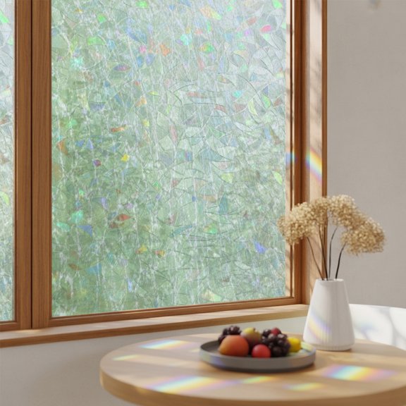 Window Privacy Film, Sage Green Ice Cracks Stained Glass Rainbow Film Country Pastoral Gradient Ocean Waves Lines Decorative Window Clings, Static Cling Sun Blocking Stickers For Bathroom 17.7"x39.3"
