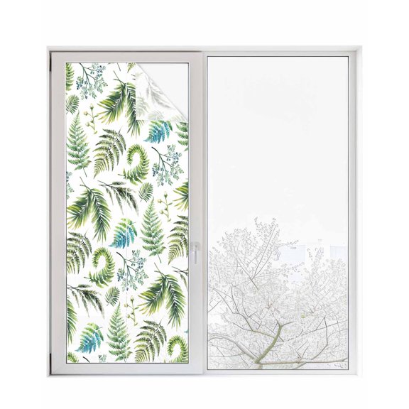 Window Privacy Film Sage Green Leaf Stained Glass Window Film Decorative Sun Block Window Cover Vintage Botanical Ferns Country Plant Window Clings Static Adhesive Sticker for Bathroom 23.6"x59"