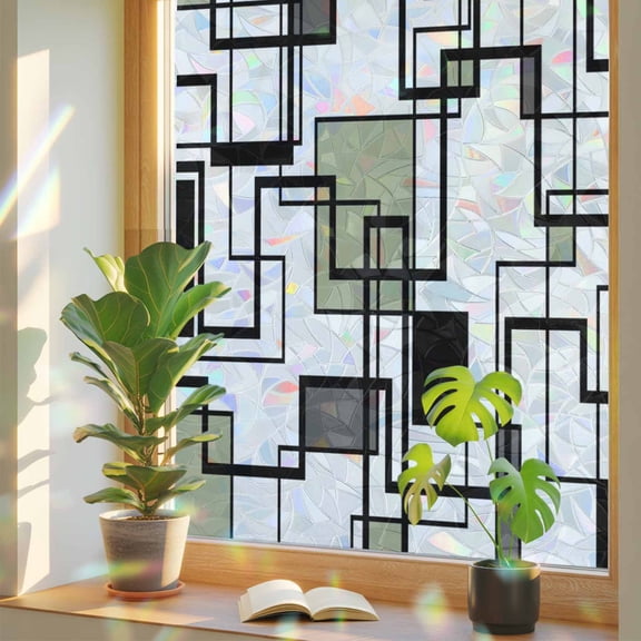 Window Privacy Film Sage Green Modern Geometric Stained Glass Window Film Abstract Lines Squares Static Window Clings for Glass Windows Home Bathroom Living Room Office Door Sticker 17.7"39.3"