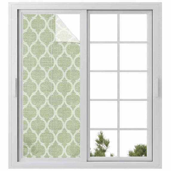 Window Privacy Film Sage Green Morocco Stained Glass Window Film Decorative Sun Block Window Cover Boho Abstract Geometric Grid Plaid Window Clings Static Adhesive Sticker for Bathroom 23.6"x59"