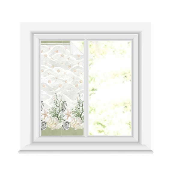 Window Privacy Film Sage Green Shell Stained Glass Window Film Decorative Sun Block Window Cover Coastal Nautical Seahorse Conch Coral Window Clings Static Adhesive Sticker for Bathroom 17.7"x39.3"
