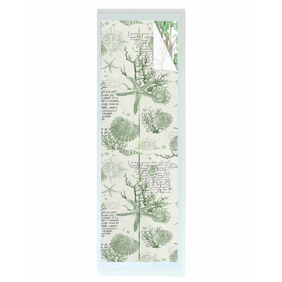 Window Privacy Film Sage Green Starfish Stained Glass Window Film Decorative Sun Block Window Cover Coastal Nautical Coral Rudder Shell Window Clings Static Adhesive Sticker for Bathroom 23.6"x78.7"