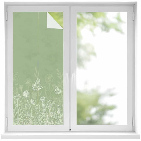 Window Privacy Film Sage Green Wildflowers Stained Glass Window Film Decorative Sun Block Window Cover Modern Floral Butterfly Plant Window Clings Static Adhesive Sticker for Bathroom 19.6"x39.3"