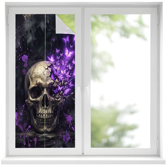 Window Privacy Film Scary Skulls Stained Glass Window Film Decorative Sun Block Window Cover Vintage Horror Skeleton Purple Butterfly Window Clings Static Adhesive Sticker for Bathroom 17.7"x39.3"