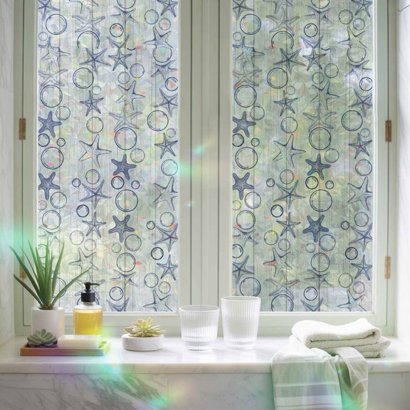 Window Privacy Film,Sea Stars Bubbles on Wood Board Static Clings Decorative Rainbow Window Films Stickers Vintage Marine Life Sun Blocking Glass Cover for Home Bathroom Office,17.7"x39.3"