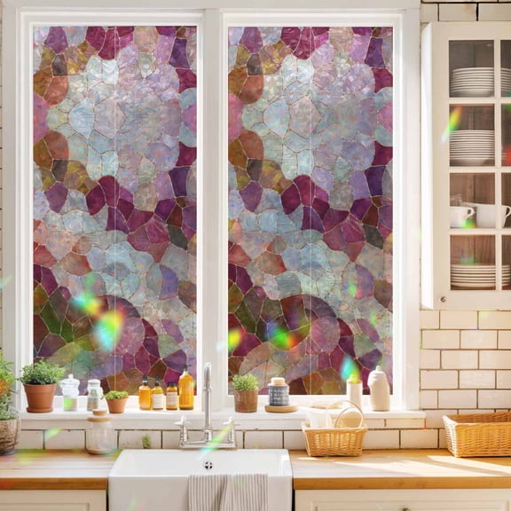 Window Privacy Film,Seamless Glass Shard Pattern Static Clings Decorative Rainbow Window Films Stickers Abstract Broken Tile Print Sun Blocking Glass Cover for Home Bathroom Office,17.7"x39.3"