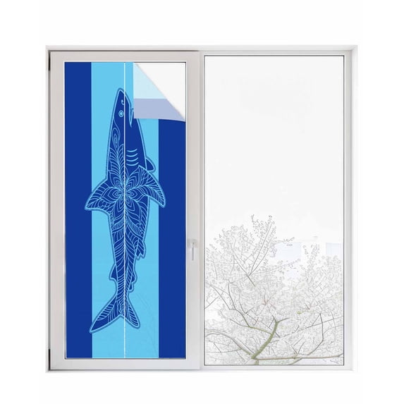 Window Privacy Film Shark Mandalas Stained Glass Window Film Decorative Sun Block Window Cover Boho Modern Orange Blue Stripe Tropical Window Clings Static Adhesive Sticker for Bathroom 29.5"x78.7"
