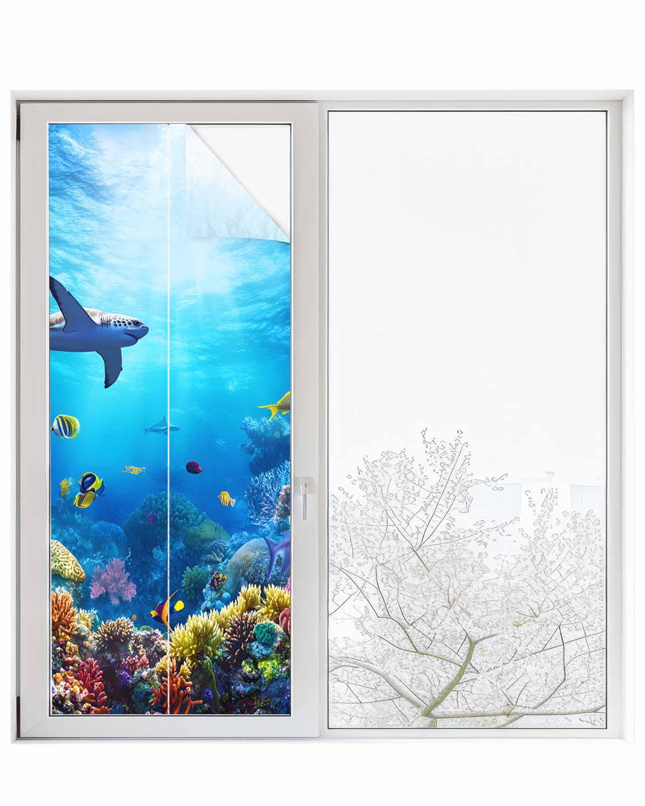 Window Privacy Film Shark Stained Glass Window Film Decorative Sun Block Window Cover Blue Ocean Underwater Animal Coral Tropical Fish Window Clings Static Adhesive Sticker for Bathroom 23.6"x59"